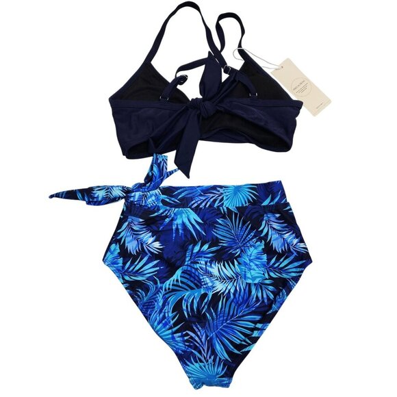 Womens Navy Tropical High Waisted Bikini Set Adjustable Straps Size S Dokotoo - Picture 2 of 9